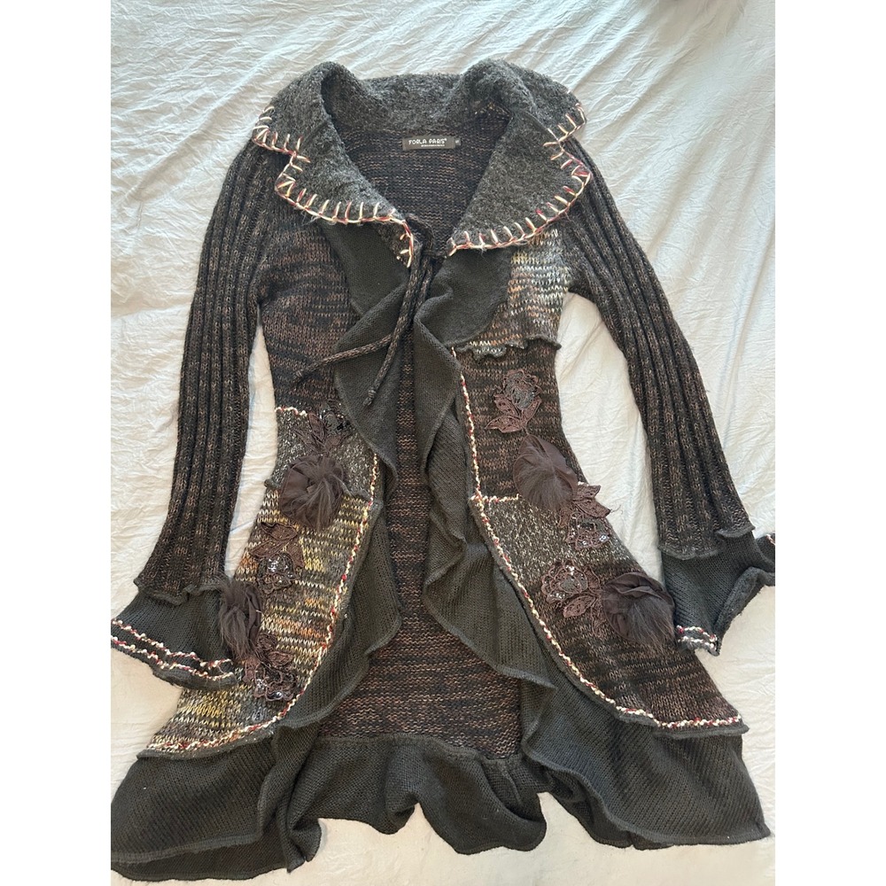 VTG Forla Paris Brown Cardigan Mohair Wool Blend Ruffle Floral Boho Sweater S